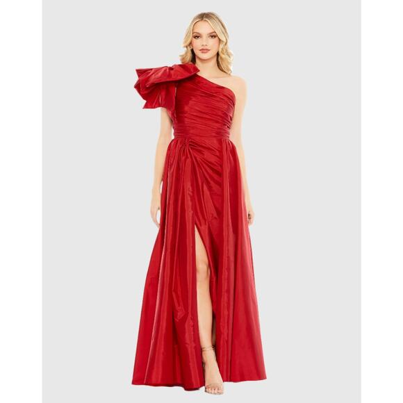 Mac Duggal NWT Draped Bow One Shoulder Over Skirt Gown in Burgundy Size 10 - Picture 1 of 9